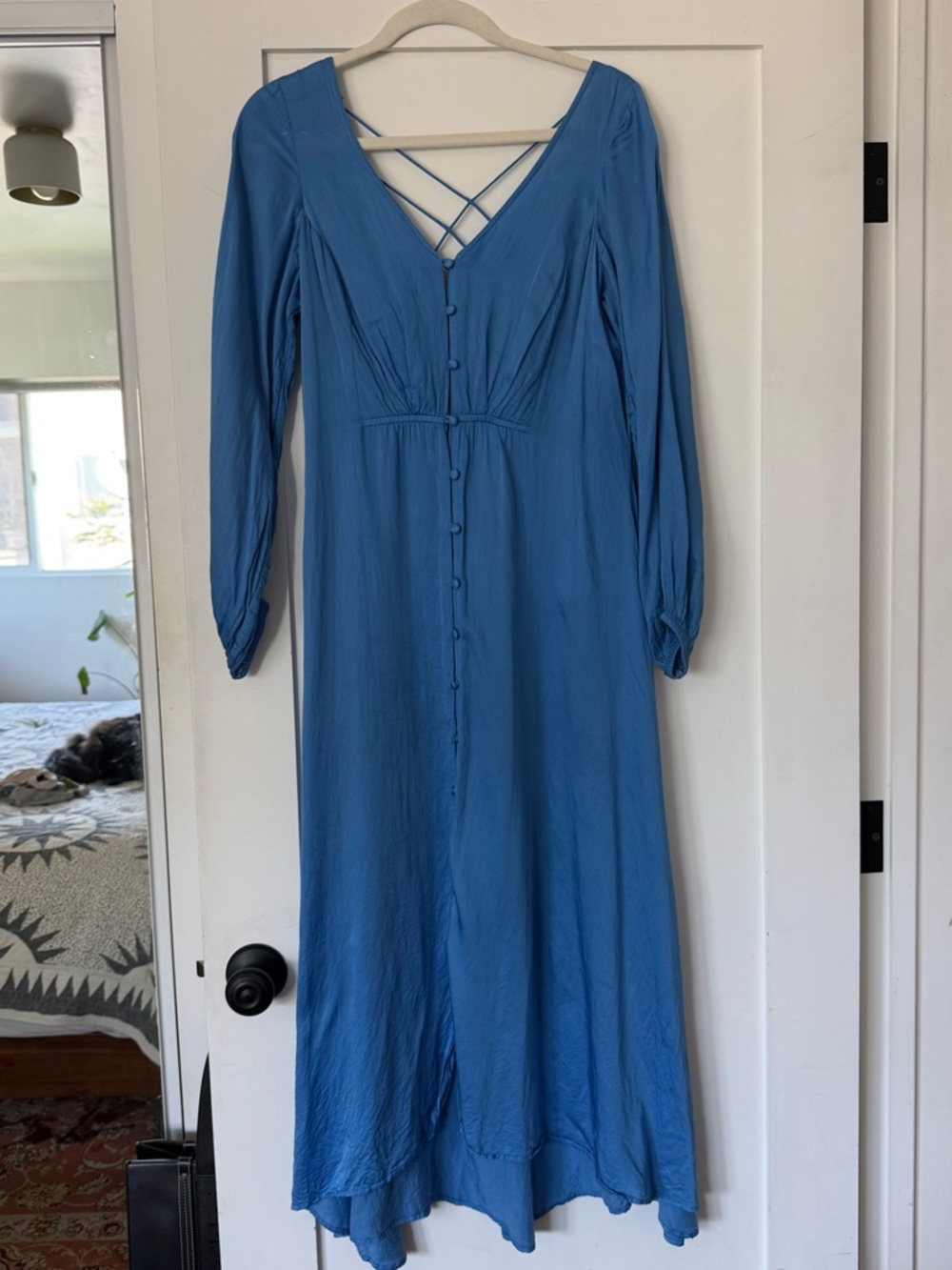 Free People Blue Midi Dress with V-Neck and Button Front